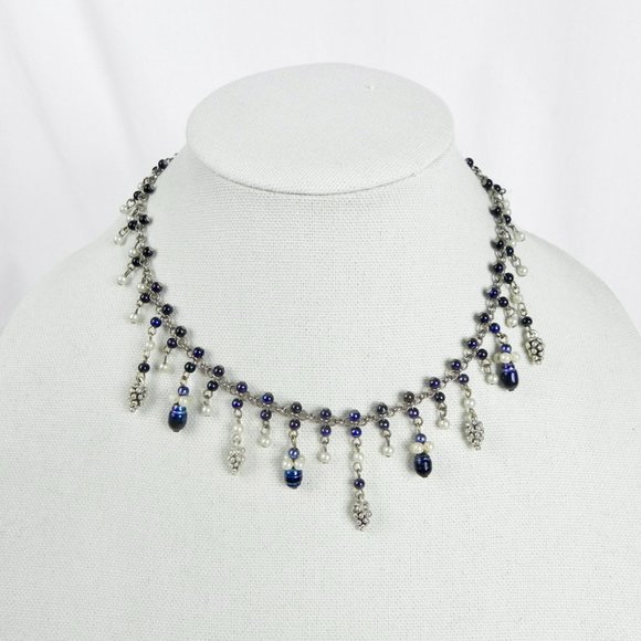 Beaded Blue Pearl & Silver Necklace - Picture 1 of 8